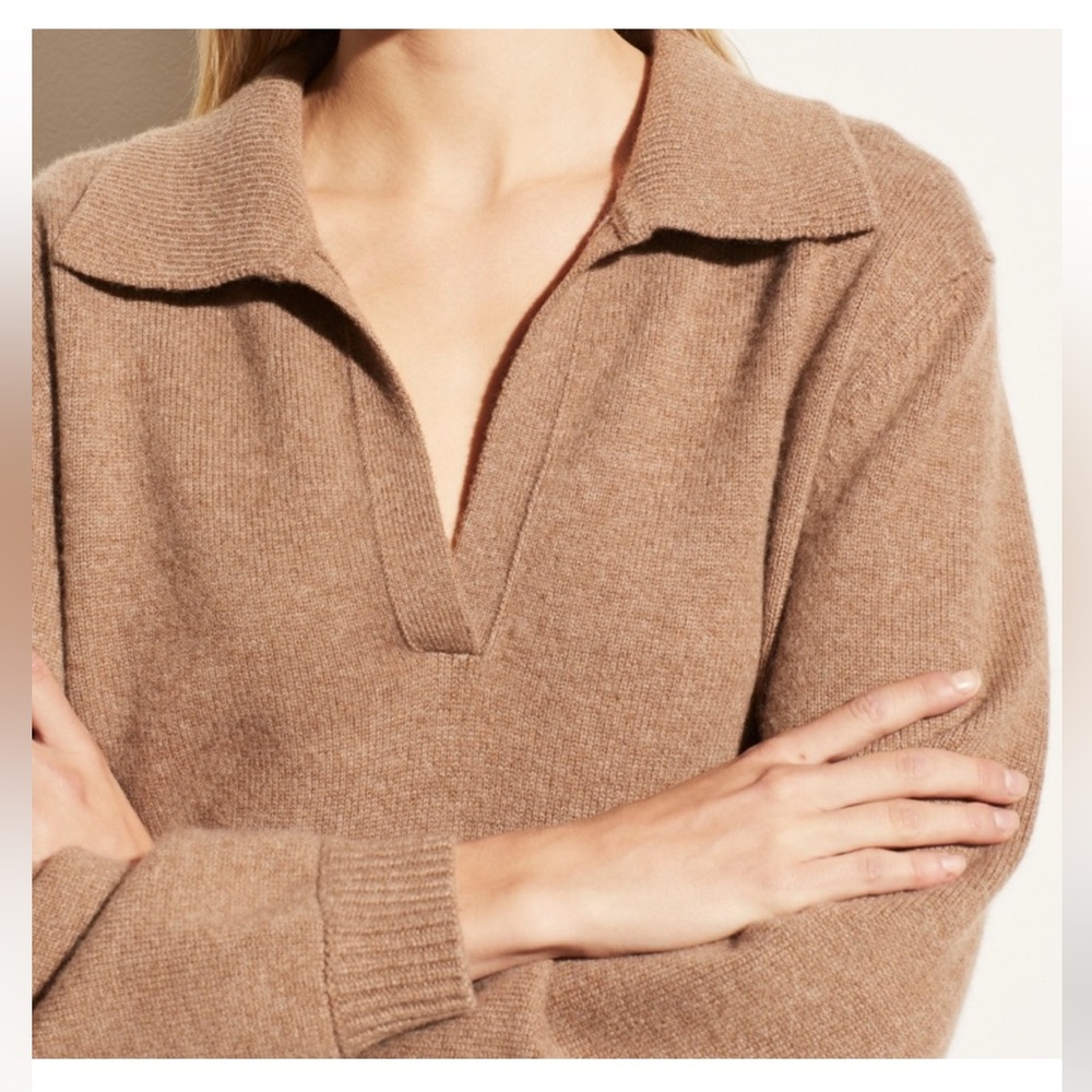 VINCE Women’s Wool Cashmere Open Neck Polo Sweater in Heather Chestnut - Picture 3 of 8